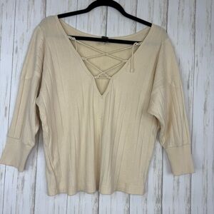 We The Free Free People Cream Knit Top with Lace-Up Front